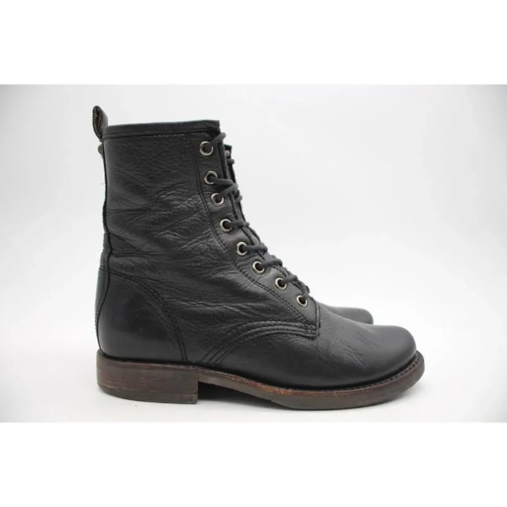 Frye Veronica Women's US 8.5 B Short Combat Bootie Black Lace Up Leather Boots